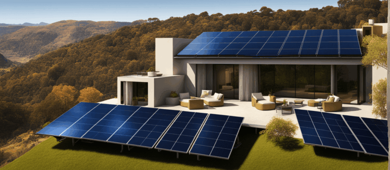 Una casa con molti pannelli fotovoltaici sul tetto e in giardino