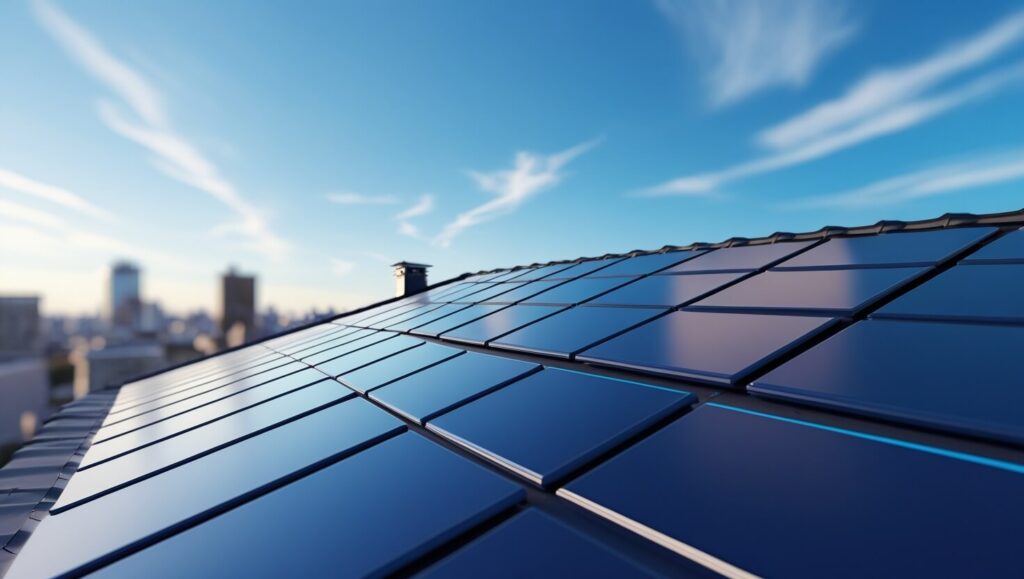 La vista di una città immaginaria da un tetto fotovoltaico