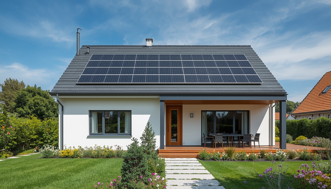 lucid origin Una casa moderna con impianto fotovoltaico installato sul tetto con un design mi 0